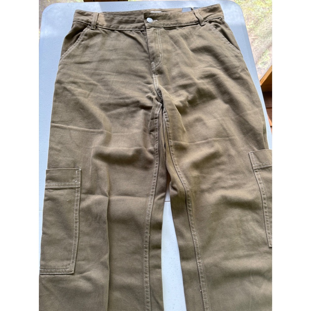 HM Womens Brown Cargo Pants Wide Leg Contrast Stitch Carpenter Utility Size 10